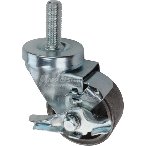 Metal caster wheel with brake and threaded stem
