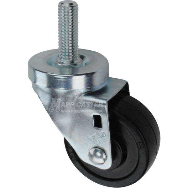 Caster wheel with a black rubber tire and metal stem thread