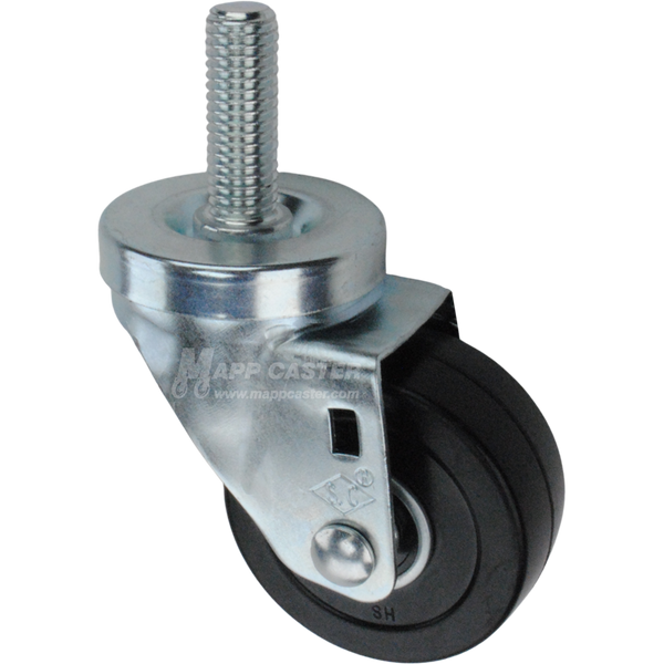 Caster wheel with a black rubber tire and threaded stem