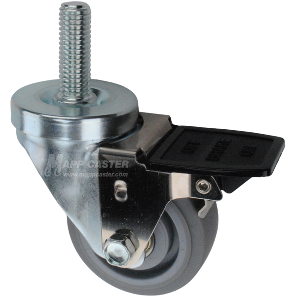 Caster wheel with face contact brake, a 3 inch grey rubber wheel and 1-3/4 inch metal threaded stem