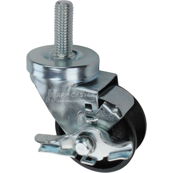 Caster wheel with brake, a black cast iron v-groove tire and metal stem thread