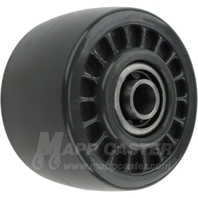 Low Profile Grey Solid Urethane Caster Wheel equipped with roller bearings. Resistant to chemicals. Part # 8001587