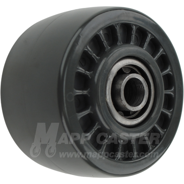 Low Profile Grey Solid Urethane Caster Wheel equipped with roller bearings. Resistant to chemicals. Part # 8001587