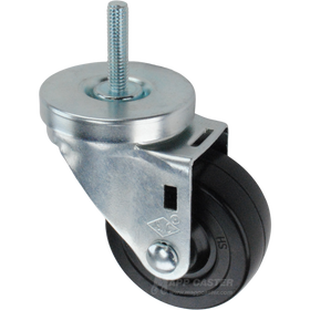 Metal caster rubber wheel with a black rubber tire and threaded stem