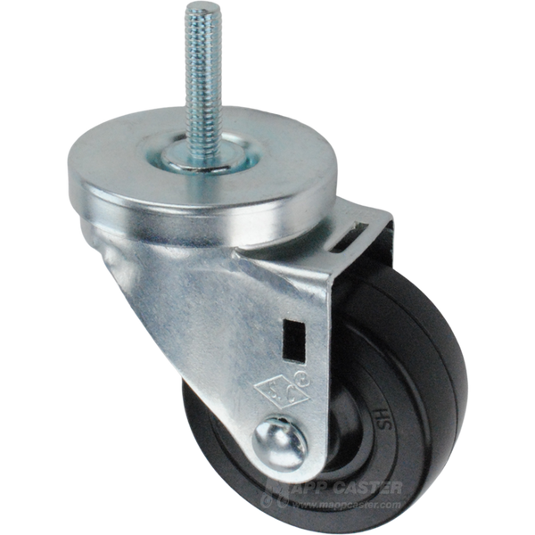 Metal caster rubber wheel with a black rubber tire and threaded stem