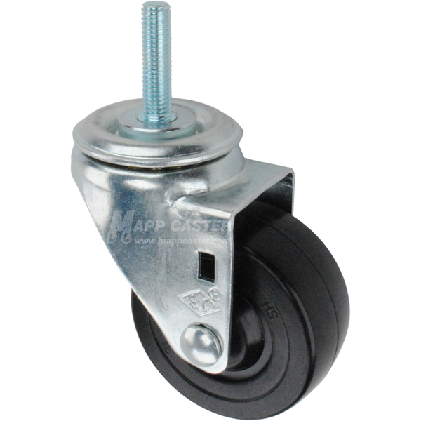 Caster wheel with a black rubber tire and metric metal stem thread