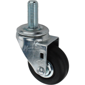 Metal caster wheel with a black neoprene tire with metal threaded stem