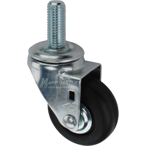 Metal caster wheel with a black neoprene tire with metal threaded stem