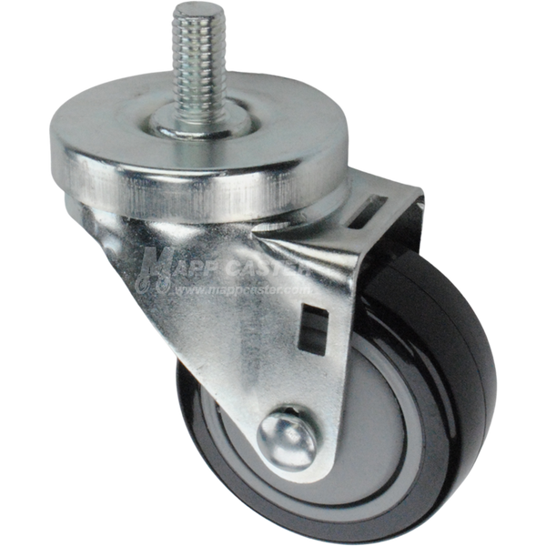 Caster wheel with a black polyurethane tire and metal stem thread