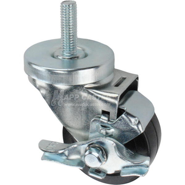 Caster wheel with a black rubber tire brake and threaded stem