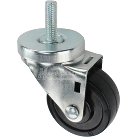 Caster wheel with a black rubber tire and metal stem thread