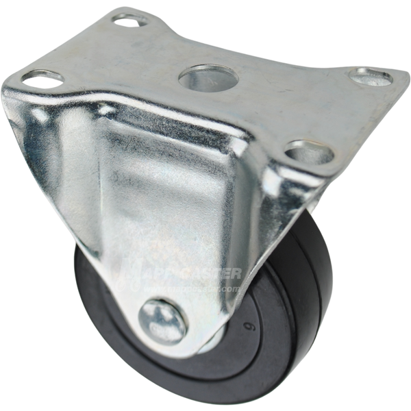 Rigid caster with a 3 inch black soft rubber wheel with ball bearings and O1 mounting plate