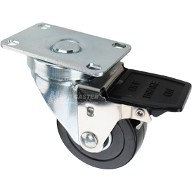 Swivel caster with face contact brake, a 3 inch black soft rubber wheel with ball bearings and O1 metal plate