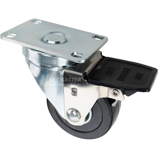 Swivel caster with face contact brake, a 3 inch black soft rubber wheel with ball bearings and O1 metal plate