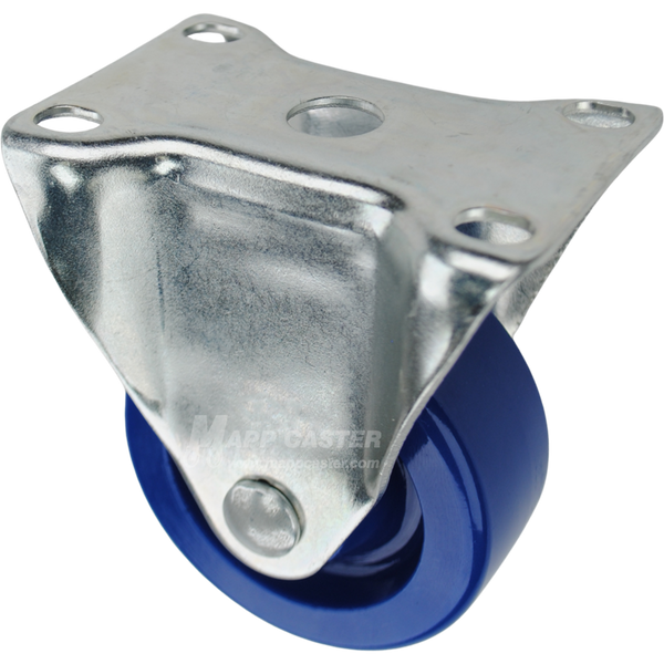 Rigid caster with a 3 inch blue polyurethane wheel and O1 mounting plate