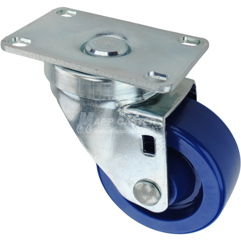 Swivel caster with a 3 inch blue polyurethane wheel and O1 metal plate. Part # Q523001SU