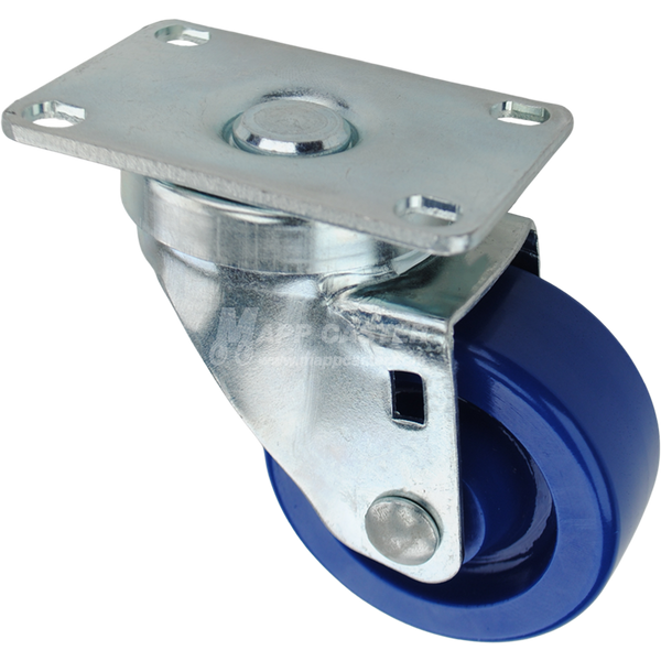 Swivel caster with a 3 inch blue polyurethane wheel and O1 metal plate