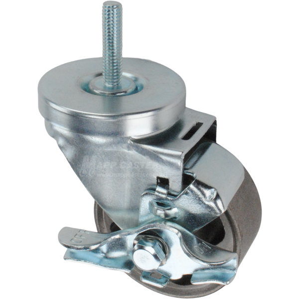 Metal caster wheel with brake and threaded stem