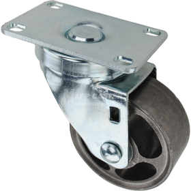 Swivel caster with a 3 inch silver sintered steel wheel with roller bearings and O1 metal plate