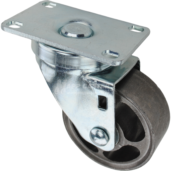 Swivel caster with a 3 inch silver sintered steel wheel with roller bearings and O1 metal plate