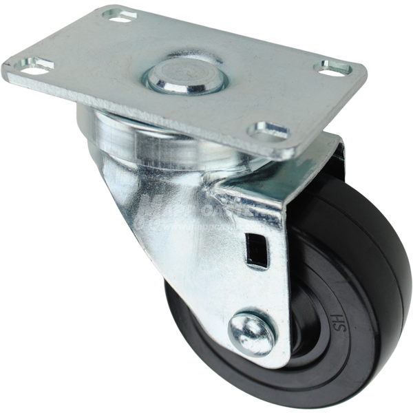 Swivel caster with a 3 inch black soft rubber wheel and O1 metal plate