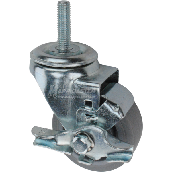 Metal caster TPR wheel with a top lock brake and threaded stem at the top