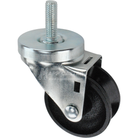 Caster wheel with a black cast iron v-groove tire and metal stem thread