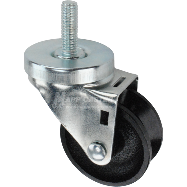 Caster wheel with a black cast iron v-groove tire and metal stem thread