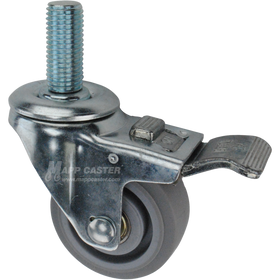 Caster wheel with a total lock brake, a 3 inch grey rubber wheel and 1-3/4 inch long 20mm metal threaded stem
