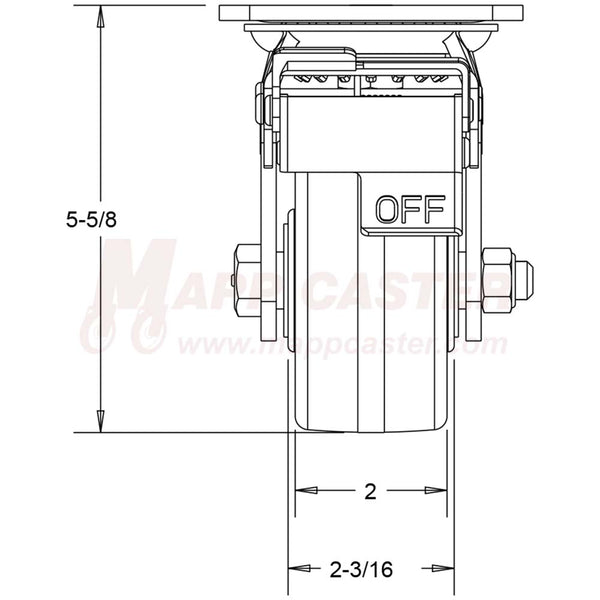 4" x 2" Ductile Steel Wheel Swivel Caster Total Locking Brake, 4" x 4-1/2" Top Plate - 1250 Lbs Capacity FRONT VIEW