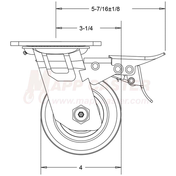 4" x 2" Solid Polyurethane Ball Bearing Swivel Caster with Total Locking Brake - 1,000 Lbs Capacity SIDE VIEW