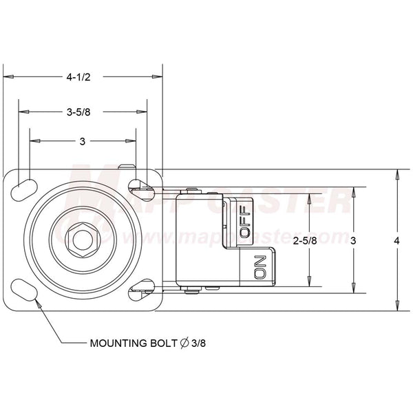 4" x 2" Ductile Steel Wheel Swivel Caster Total Locking Brake, 4" x 4-1/2" Top Plate - 1250 Lbs Capacity TOP VIEW