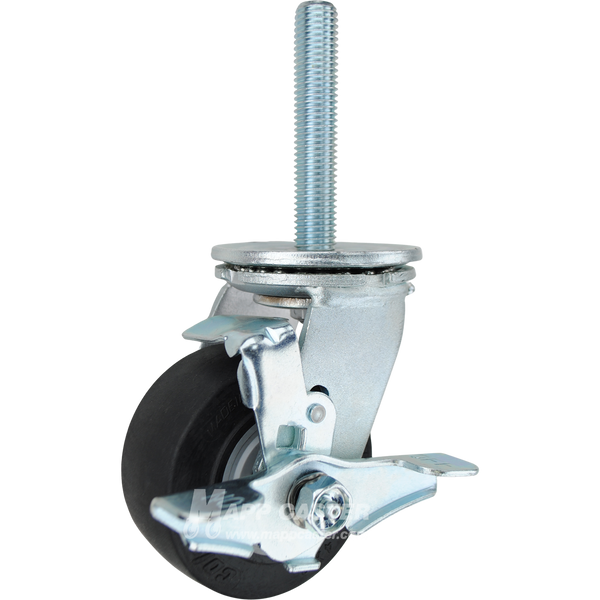 4 x 2 black thermoplastic rubber swivel caster with top lock brake and 3/4-10 x 4 threaded stem for quiet, floor-safe industrial use.