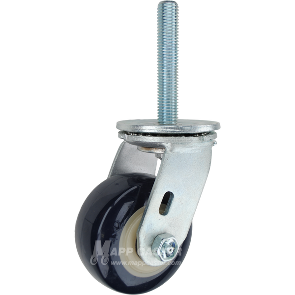 4 x 2 blue and white polyurethane on plastic swivel caster with 3/4-10 x 4 threaded stem for floor-safe industrial carts and equipment.