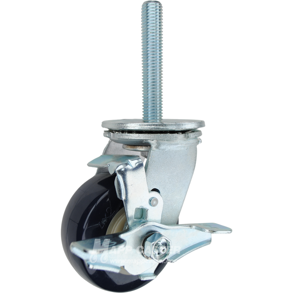 4 x 2 blue and white polyurethane on plastic swivel caster with top lock brake and 3/4-10 x 4 threaded stem for floor-safe industrial use.