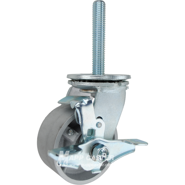4 x 2 cast iron swivel caster with top lock brake and 3/4-10 x 4 threaded stem for heavy-duty industrial carts and equipment.
