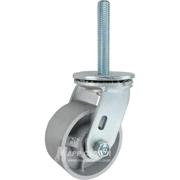 4 x 2 cast iron swivel caster with 3/4-10 x 4 threaded stem for heavy-duty industrial equipment, offering high load capacity and durability.