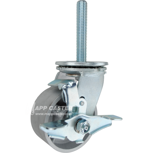 4 x 2 cast iron swivel caster with top lock brake and 3/4-10 x 4 threaded stem for heavy-duty industrial carts and equipment.