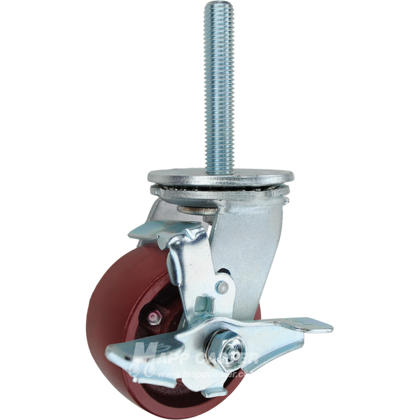 4 x 2 ductile steel swivel caster with brake and 3/4-10 x 4 threaded stem for heavy-duty industrial carts, offering high strength and durability.