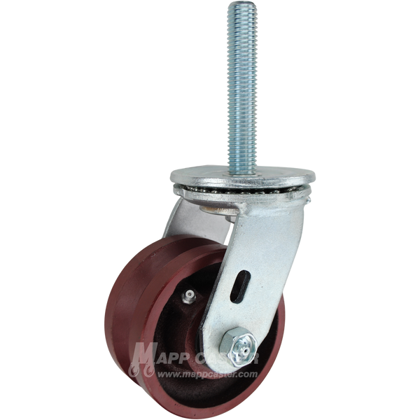 4 x 2 ductile steel V-groove swivel caster with 3/4-10 x 4 threaded stem for angle iron tracks and heavy-duty industrial equipment.