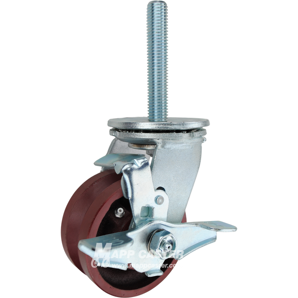 4 x 2 ductile steel V-groove swivel caster with top lock brake and 3/4-10 x 4 threaded stem for angle iron tracks and heavy-duty industrial use.