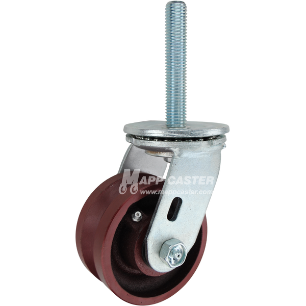 4 x 2 ductile steel V-groove swivel caster with 3/4-10 x 4 threaded stem for angle iron tracks and heavy-duty industrial equipment.