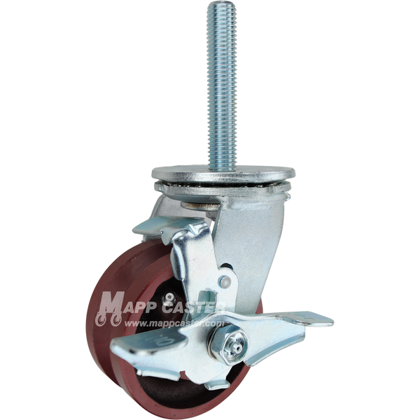 4 x 2 ductile steel V-groove swivel caster with top lock brake and 3/4-10 x 4 threaded stem for angle iron tracks and heavy-duty industrial use.