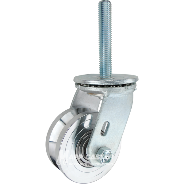 4 x 2 forged steel V-groove swivel caster with 3/4-10 x 4 threaded stem for angle iron tracks and heavy-duty industrial material handling equipment.