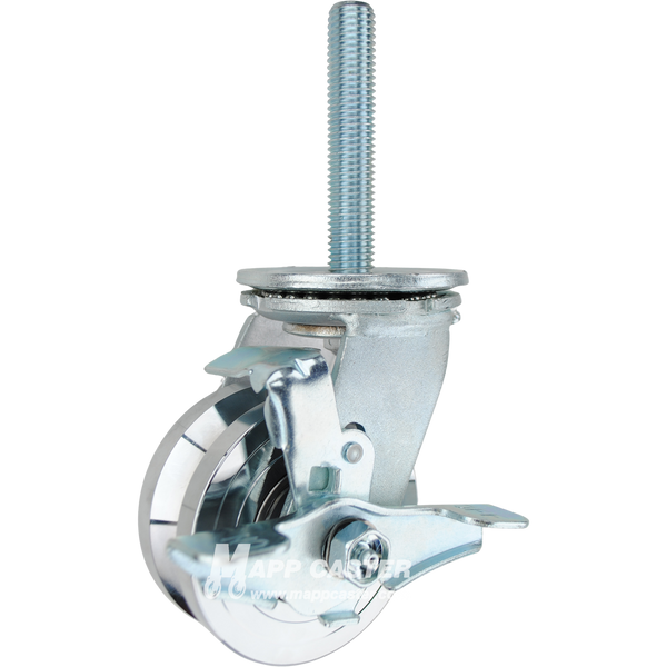 4 x 2 forged steel V-groove swivel caster with top lock brake and 3/4-10 x 4 threaded stem for angle iron tracks and heavy-duty industrial use.