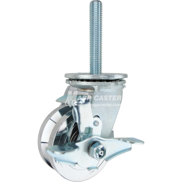 4 x 2 forged steel V-groove swivel caster with top lock brake and 3/4-10 x 4 threaded stem for angle iron tracks and heavy-duty industrial use.
