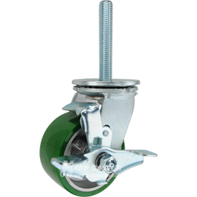 4 x 2 green polyurethane on aluminum swivel brake caster with 3/4-10 x 4 threaded stem for heavy-duty industrial equipment with quiet, floor-protective performance.