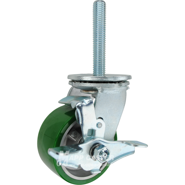 4 x 2 green polyurethane on aluminum swivel brake caster with 3/4-10 x 4 threaded stem for heavy-duty industrial equipment with quiet, floor-protective performance.