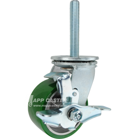 4 x 2 green polyurethane on aluminum swivel brake caster with 3/4-10 x 4 threaded stem for heavy-duty industrial equipment with quiet, floor-protective performance.