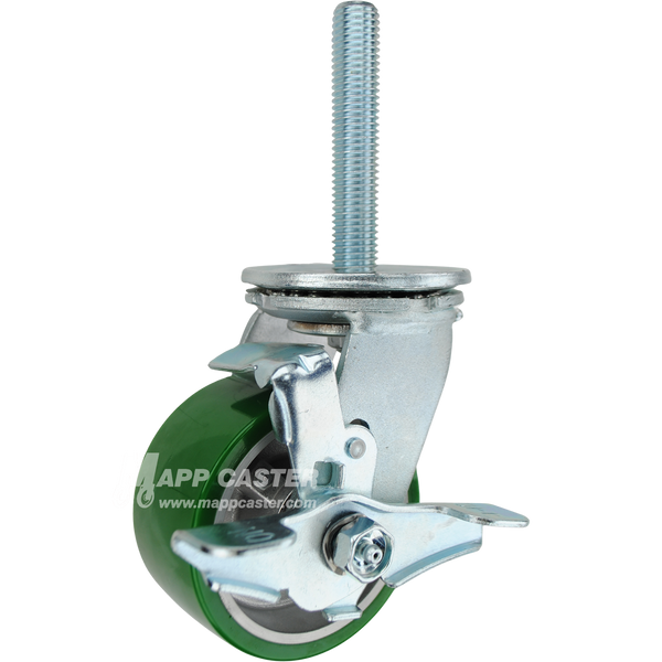 4 x 2 green polyurethane on aluminum swivel brake caster with 3/4-10 x 4 threaded stem for heavy-duty industrial equipment with quiet, floor-protective performance.